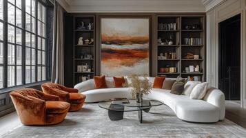 Cozy modern living room with large windows and comfortable furniture near nature photo