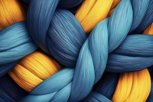 Vibrant blue and yellow twisted fibers create a mesmerizing abstract pattern in close-up view photo