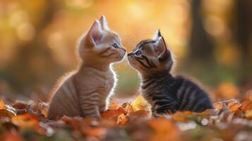 Cat walking on a rainy day with colorful leaves in the background and droplets in the air photo