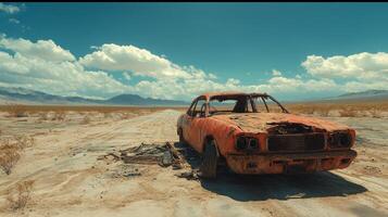 Vintage car abandoned on a desert road under a colorful sunset in a remote location photo