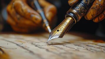 Scholar in traditional attire diligently writing in ancient manuscript in a library photo