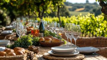 Elegant outdoor dining setup in a vineyard during golden hour with fine wine and fresh bread photo