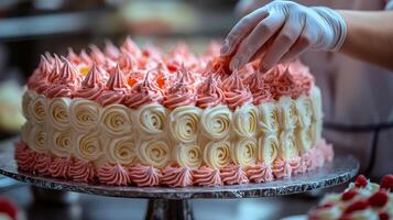 Decorator adds finishing touches to a beautifully crafted cake in a bakery setting photo