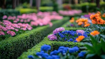 Vibrant flowers arranged in a green garden during the day showcasing a variety of colors and shapes photo