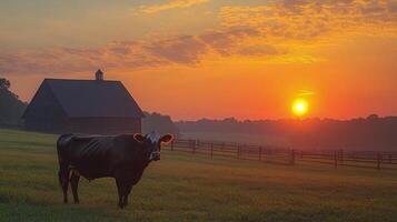 Cows standing in a field against a stunning sunset in the countryside photo