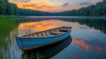 Serene sunset over calm waters with a single boat floating in pastel hues photo
