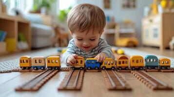 Child playing with colorful wooden train set on a vibrant carpet in a bright living room photo