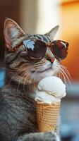 Cat wearing sunglasses happily enjoys ice cream cone on a sunny day photo