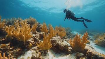 Snorkeler explores vibrant coral reef in clear tropical waters at midday photo