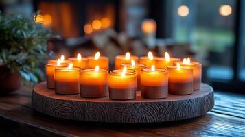 Elegant menorah lit with candles in a dramatic, dimly lit setting during a special celebration photo