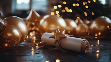 Gold and white balloons set up for a festive celebration with sparkling lights in the background photo