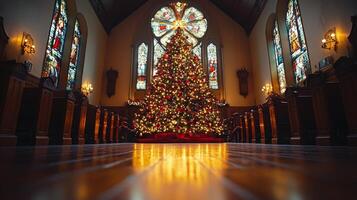 Grand Christmas tree adorned with colorful ornaments in a richly decorated church photo