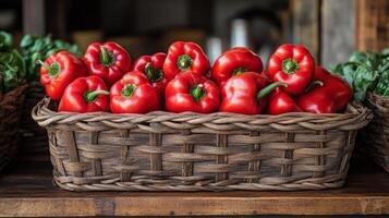 Fresh red bell peppers arranged in a woven basket on a wooden table surrounded by herbs photo