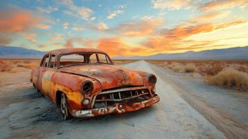 Vintage car abandoned on a desert road under a colorful sunset in a remote location photo