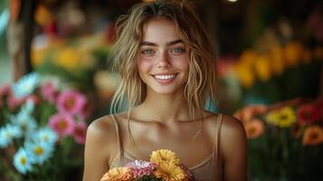 Older woman smiling while holding a bouquet of flowers in a vibrant shop filled with greenery photo