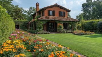 Beautiful garden surrounding a rustic brick house with vibrant flowers and lush greenery photo