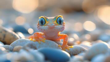 Colorful gecko resting on pebbles during a sunny day photo