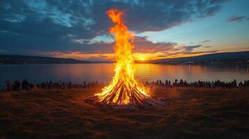 Crowd gathered around a large bonfire during an evening celebration in a natural setting photo