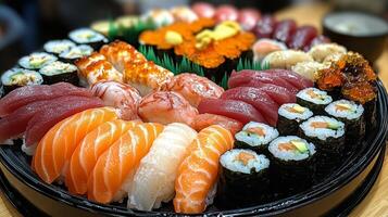 Sushi platter featuring an assortment of fresh ingredients from a Japanese restaurant photo