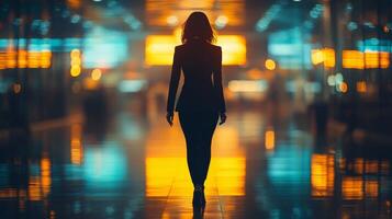 Woman in a light blue suit walking through a modern airport terminal with illuminated architecture photo