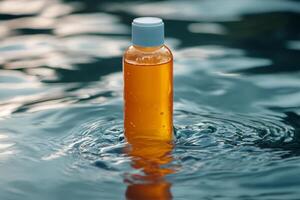 Stylish product display at sunset over calm water creates a serene atmosphere perfect for relaxation photo