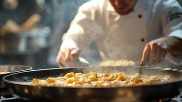Expert chef preparing a delicious roasted dish with fresh ingredients in a bright kitchen photo