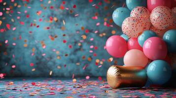 Celebration with balloons and a diploma on confetti-covered ground during a festive event photo