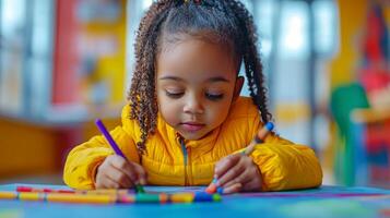 Joyful child playing with crayons in a colorful art space on a bright day photo