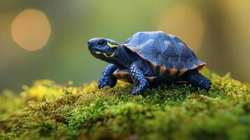 Beautiful tortoise resting on mossy ground in a lush green environment during daytime hours photo