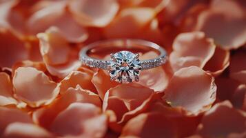 Elegant diamond ring placed on soft pink petals for a romantic display in natural light photo