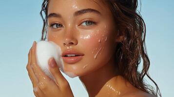 Close-up of a young woman with dewy skin and curly hair highlighting a fresh and radiant look photo