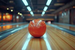 Bowling ball positioned on lane ready for a strike at an indoor bowling alley photo