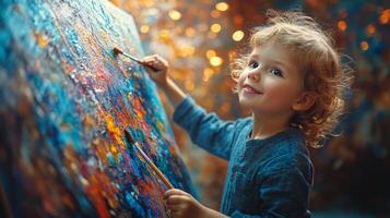 Child artist smiling in colorful studio filled with abstract artworks and vibrant paintings photo