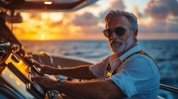 Man navigates a vintage boat on a clear blue day near rocky coastline photo