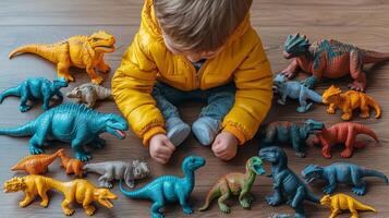Child playing with colorful dinosaur toys on a rug in a cozy indoor space photo