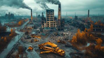 Devastation of an abandoned industrial site with smoke billowing from chimneys photo