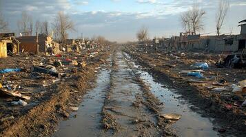 Destruction in an urban landscape with debris and stagnant water in a war-torn area photo
