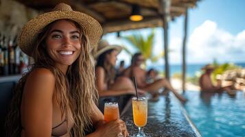 Bartender serving refreshing drinks by the pool in a vibrant resort setting during a sunny afternoon photo