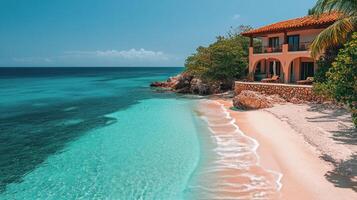 Breathtaking tropical beach with clear turquoise water and seaside villa in the Caribbean photo