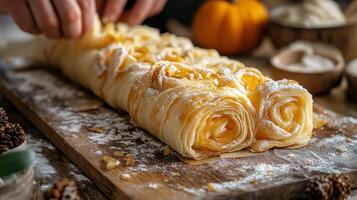 Perfectly rolled pastry filled with pumpkin and cream, ready for serving during autumn festivities photo