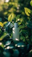 Green bottle surrounded by lush leaves in a natural setting showcasing eco-friendly products photo
