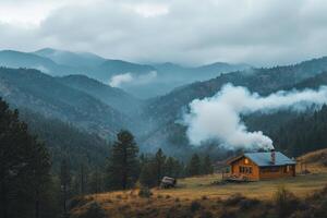 Cozy log cabin in the mountains during early morning hours with smoke rising from the chimney photo
