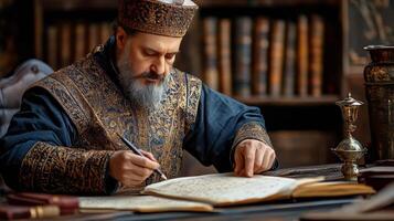 Scholar in traditional attire diligently writing in ancient manuscript in a library photo