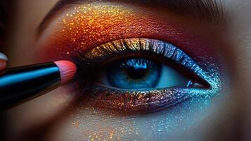 Close-up of a makeup brush applying color to an eyeshadow palette during a beauty routine photo
