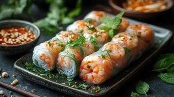 Shrimp spring rolls served with rice noodles and various dipping sauces on a dark table photo