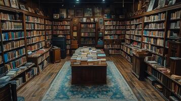 Long corridor lined with shelves filled with colorful books in an old library setting photo