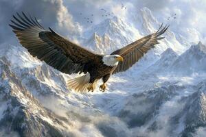 Majestic bald eagle soaring above its nest in a forested area during early morning light photo