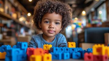 Young child with curly hair playing with colorful blocks in a creative space photo