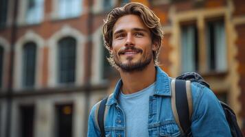 Young man with backpack walking through urban street during autumn afternoon, enjoying travel experience photo