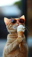 Cat wearing sunglasses happily enjoys ice cream cone on a sunny day photo